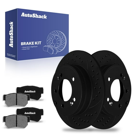 AutoShack 11.18" (284 mm) Rear Solid Drilled & Slotted Brake Rotors E-Coated   Ceramic Brake Pads | Replacement for 2015 Hyundai Sonata | Black Finish | 6-PC Brake Kit | NightGuard