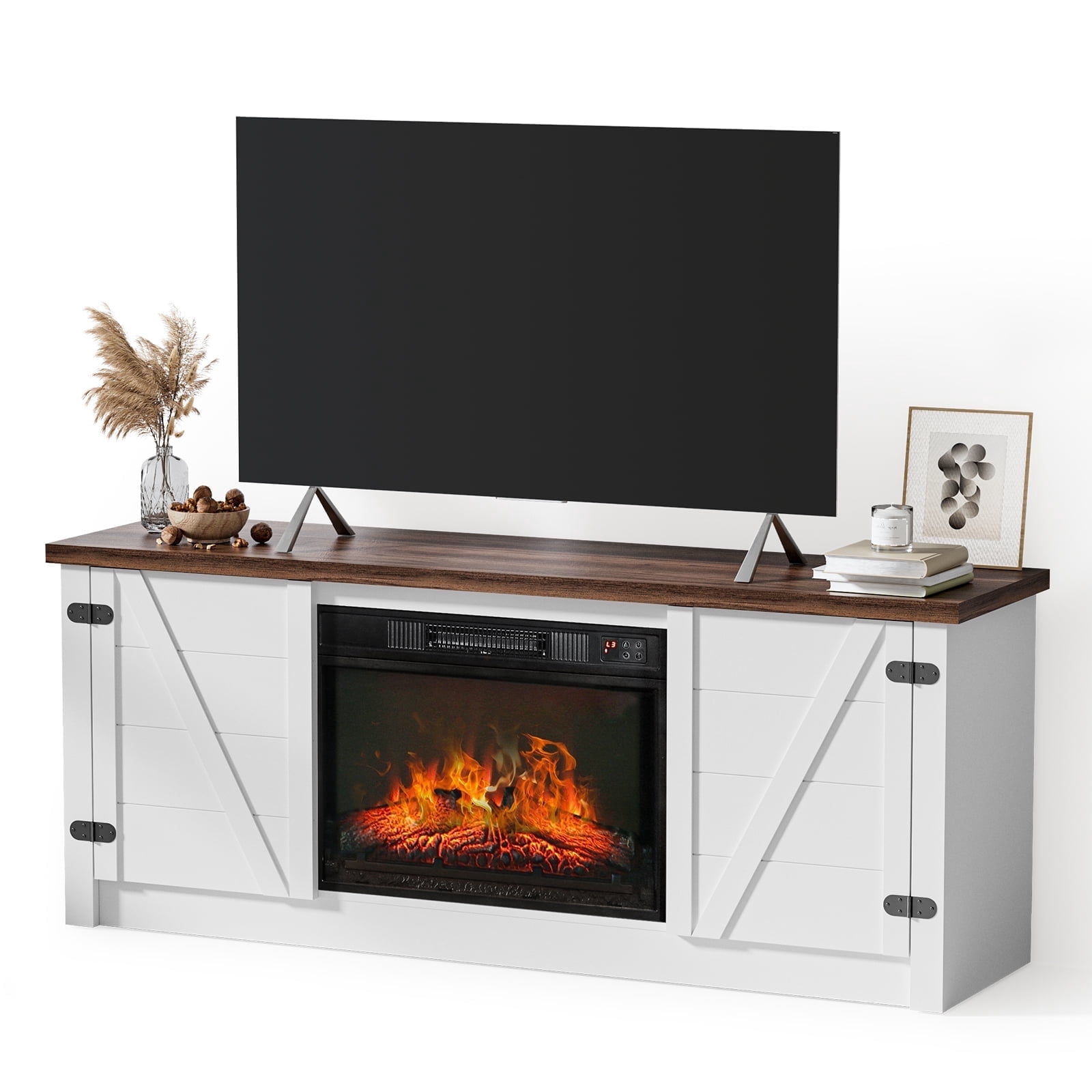 MARNUR Electric Fireplace TV Stand for TVs up to 65", Farmhouse Entertainment Center with 2 Doors, Rustic Wood, White