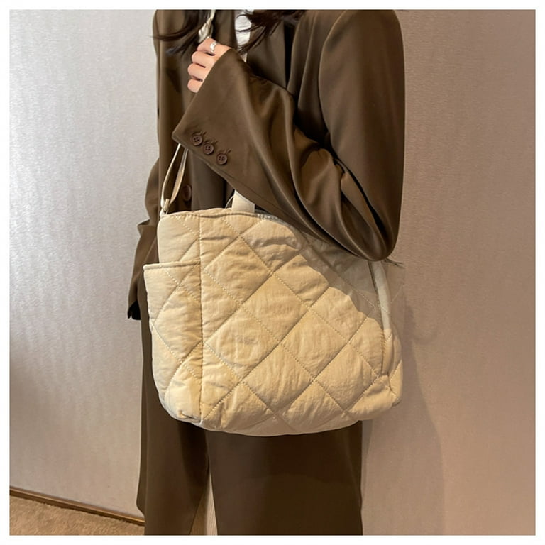 Quilted Tote Bag Handbag Lightweight Padding Shoulder Bag Multiple Pockets Nylon  Crossbody Bag-Black 