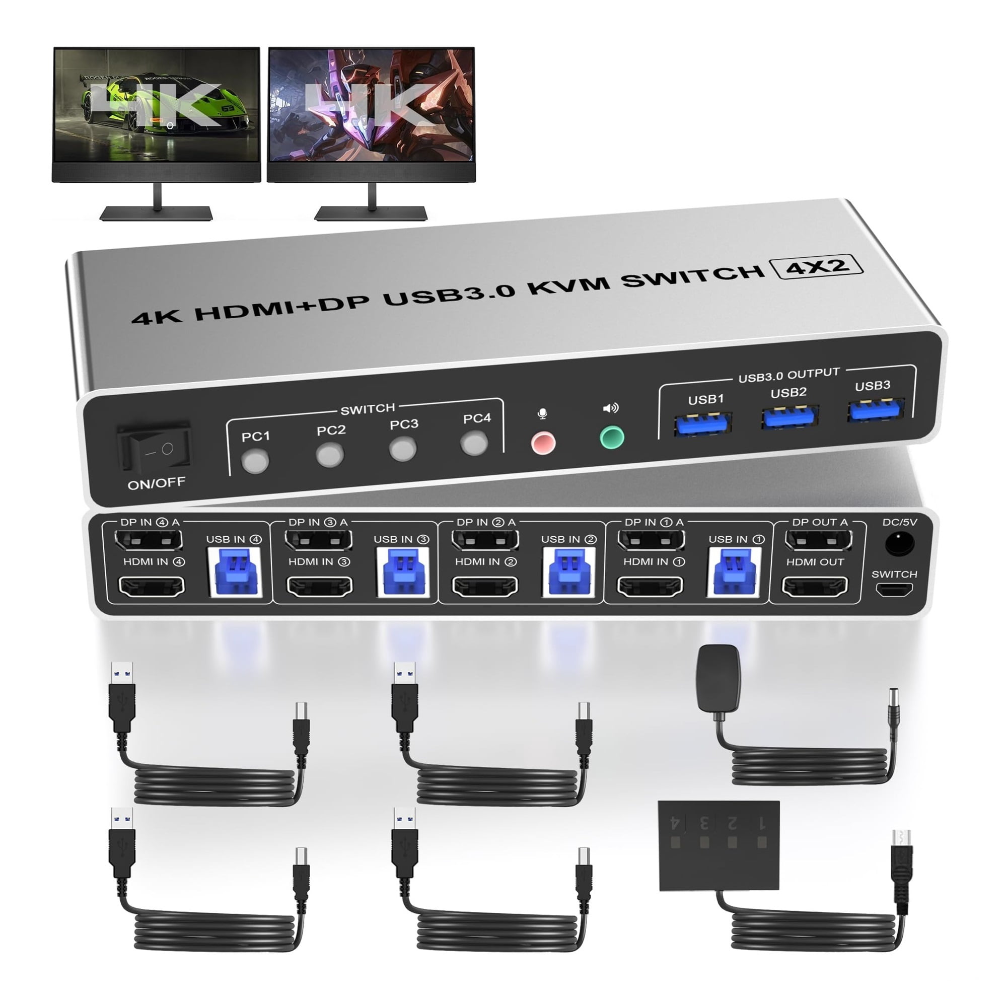 4K@60Hz USB 3.0 Displayport+ KVM Switch 2 Monitors 4 Computers, 4 Port Dual Monitor +DP Monitor Switch For 4 PC