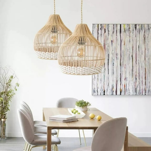 UEEYAC Vintage Handmade Bamboo White Thread Rattan Pendant Lamp Shade For Dining room