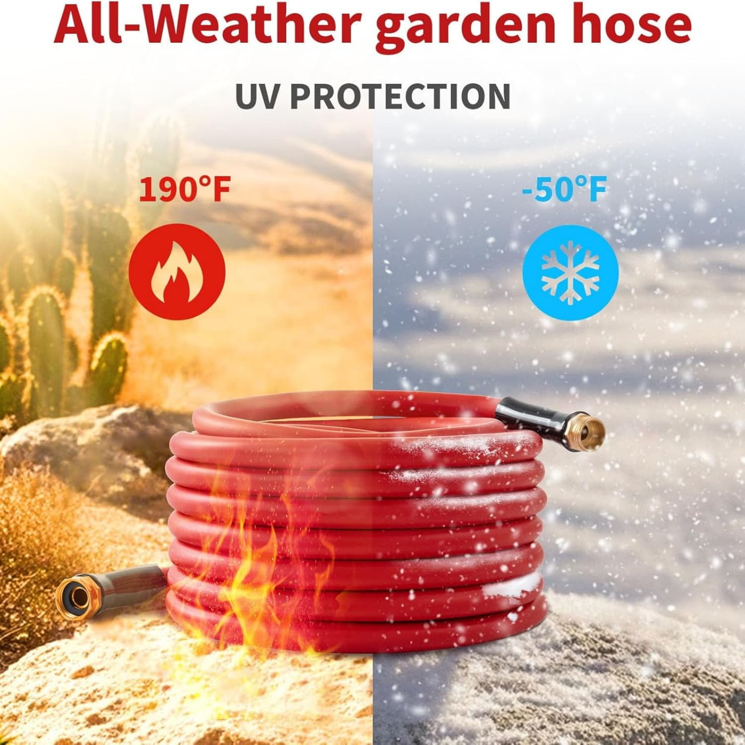 Garden Hose 50 ft x 5/8” Hot/Cold Water Hose,-50°F to 190°F,Burst 600Psi Flexible & Lightweight Upgraded Rubber Hoses,3/4” Solid Fittings for All-weather Outdoor Lawn & Garden