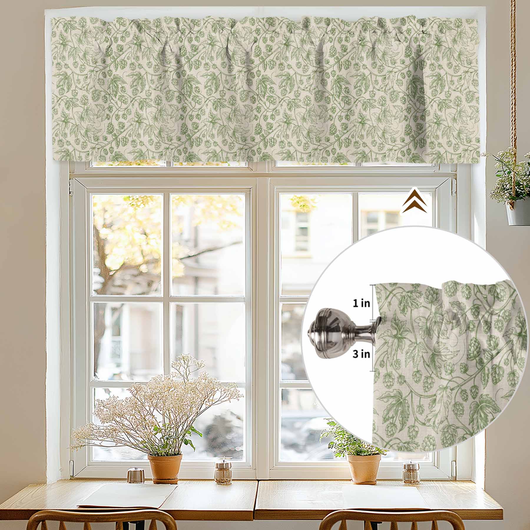 Kitchen Valances for Window, Vintage Sage Green Botanical Light Filtering Rod Pocket Valance Curtain, Ombre Leaves Retro Linen Short Curtains Window Topper for Bedroom Bathroom Living Room 54x18in