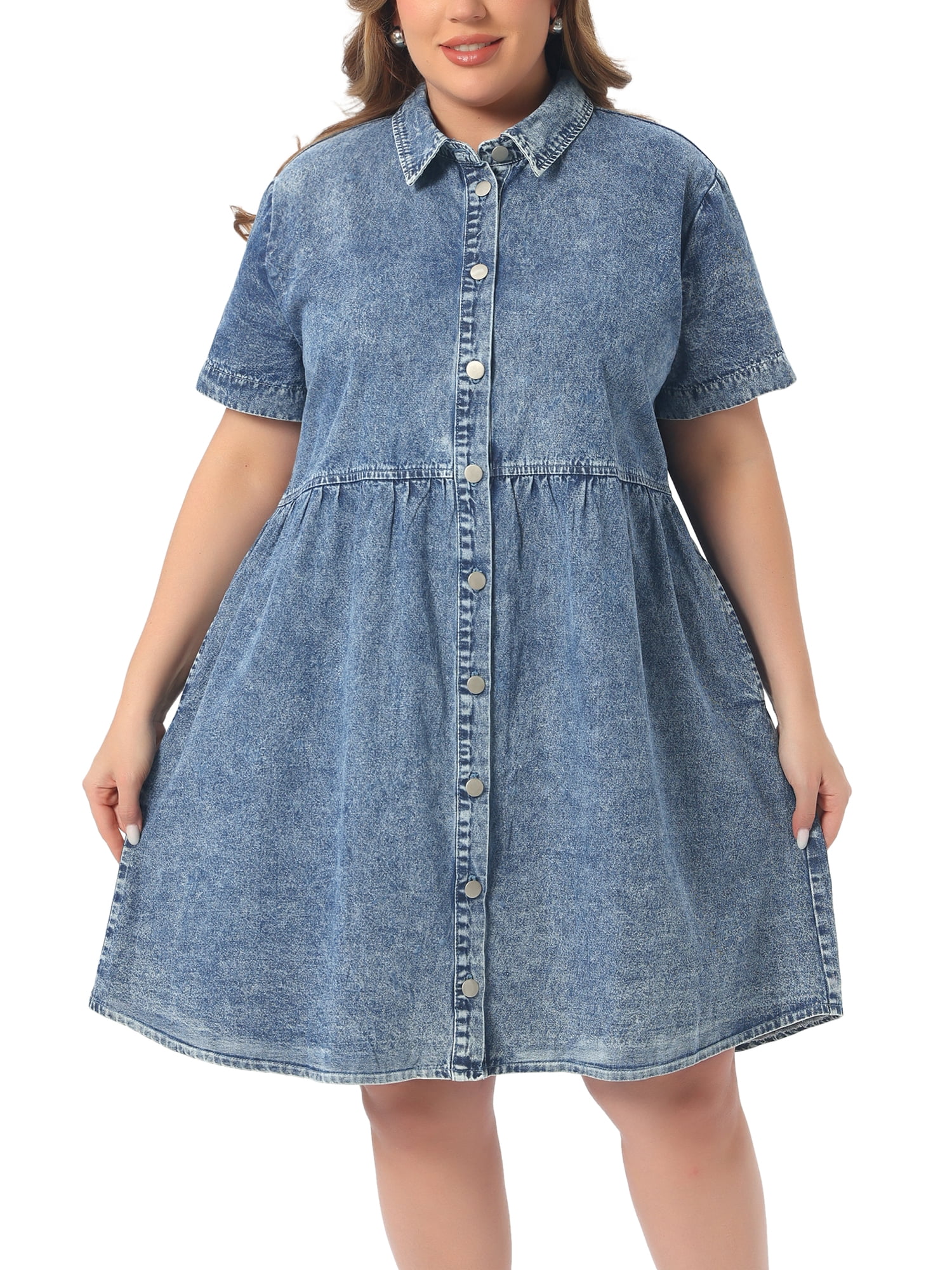 DARING DIVA Women's Plus Size Casual Denim Babydoll Pockets Dress 2X Blue Snow Wash
