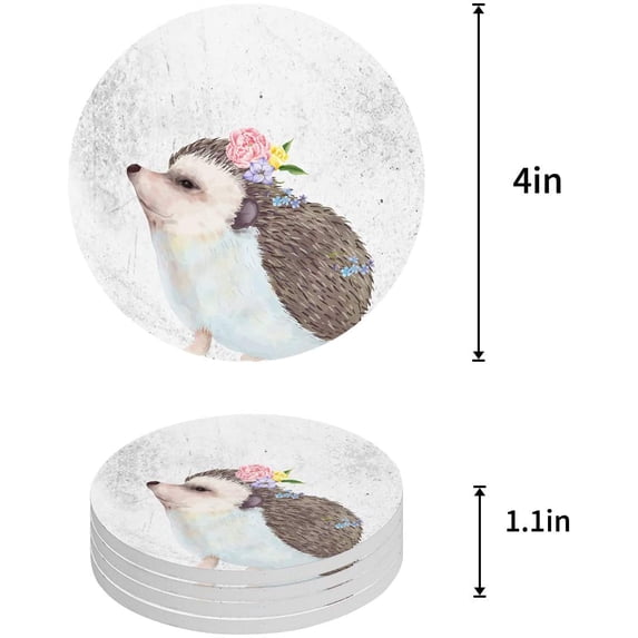FMSHPON Hedgehog Wearing Flower Watercolor Style Set of 8 Round Coaster for Drinks, Absorbent Ceramic Stone Coasters Cup Mat with Cork Base for Home Kitchen Room Coffee Table Bar Decor
