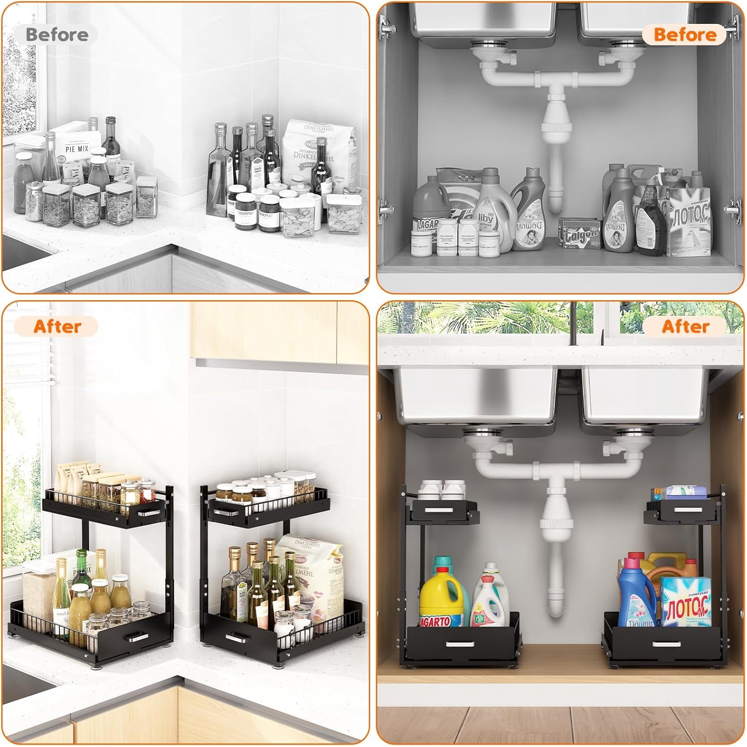 2 Pack Under Sink Organizer, 2 Tier Slide Out Cabinet Organizer with Pulley, Height Adjustable Pull Out Shelf for Kitchen, Bathroom, Laundry and Utility Storage, Black