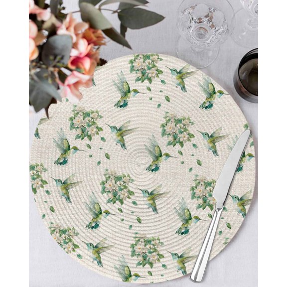 13 Inch Round Placemats Set of 6, Summer Botanical Non Slip Heat Insulation PP Table Mats, Green Spring Floral Birds Vintage Washable Place Mats for Kitchen Dining Party Table Decor