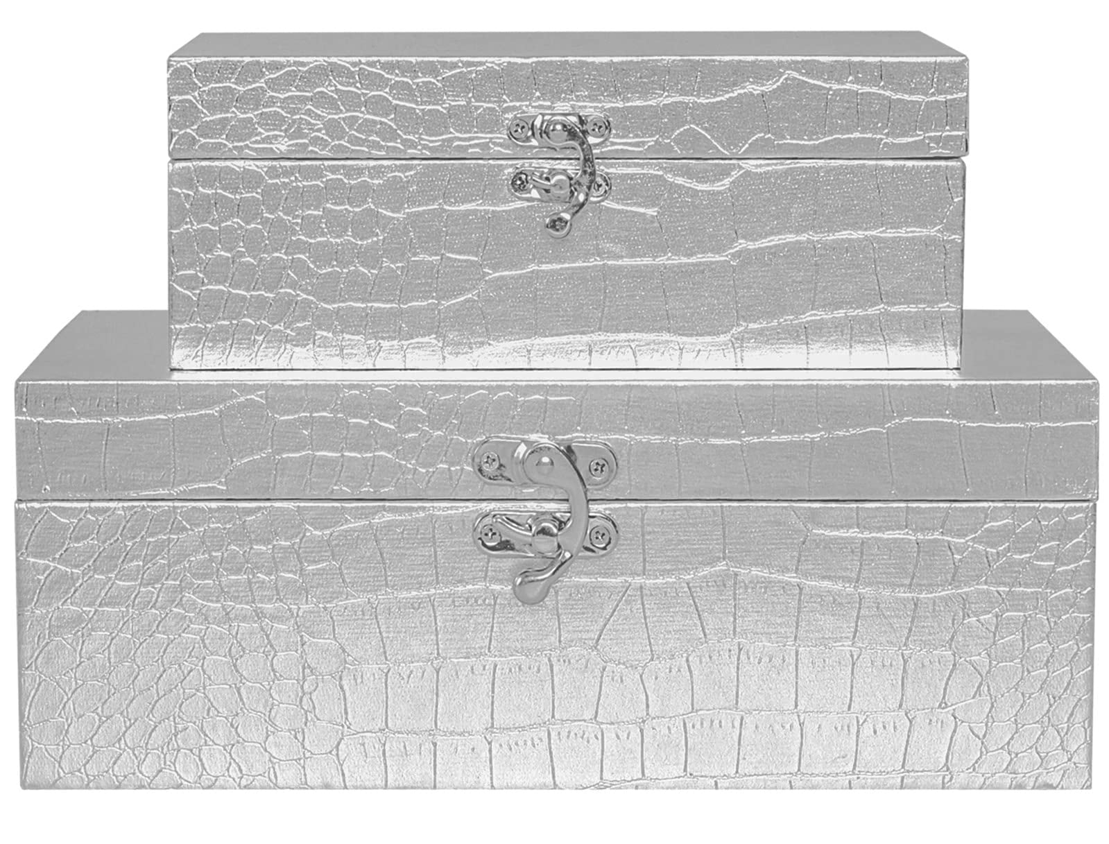 MODE HOME Set of 2 Wooden Decorative Nesting Storage Boxes, Silver Crocodile Leather with Clasp for Home Kitchen Living Room, Ideal Gift for Wedding Memories Jewelry Trinket