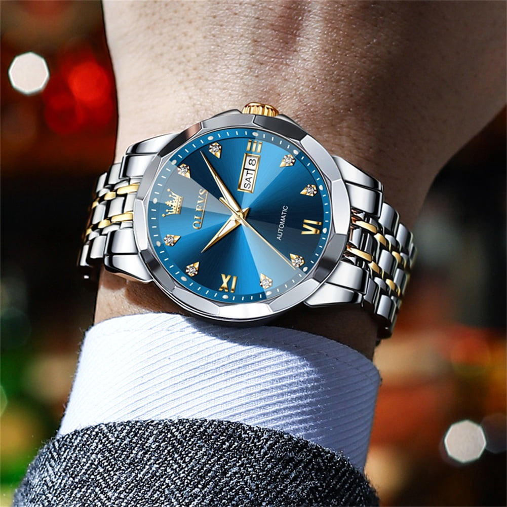 OLEVS Automatic Watches for Men Self Winding Mechanical Luxury Dress Stainless Steel Two Tone Strap Diamond Waterproof Luminous Date Mens Wrist Watches Reloj Para Hombre Black/Blue/Gold/White