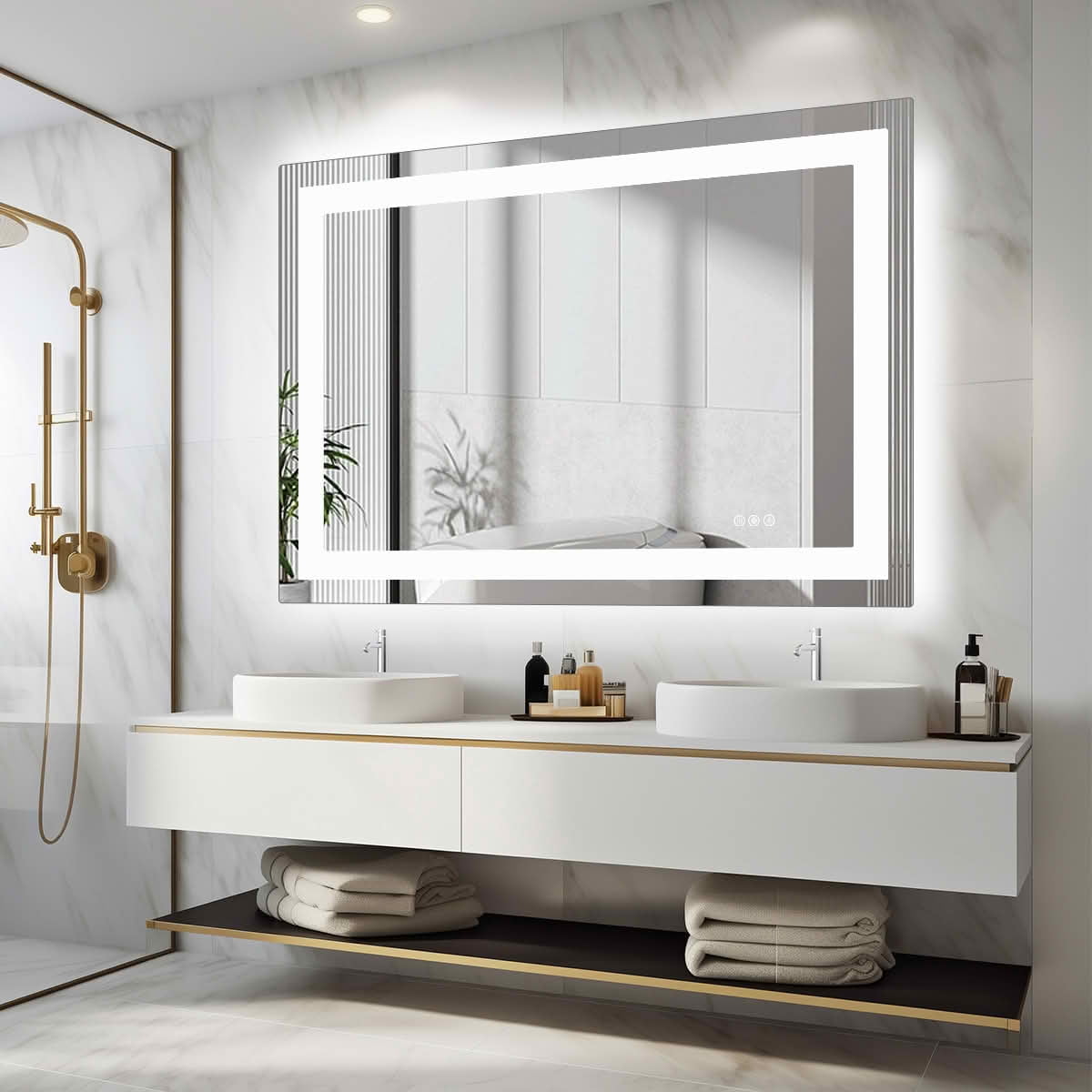 MAYEERTY 36 X 48 Inch Rectangle Anti-fog LED Bathroom Mirror, Dual Light Source Three Lighting Modes