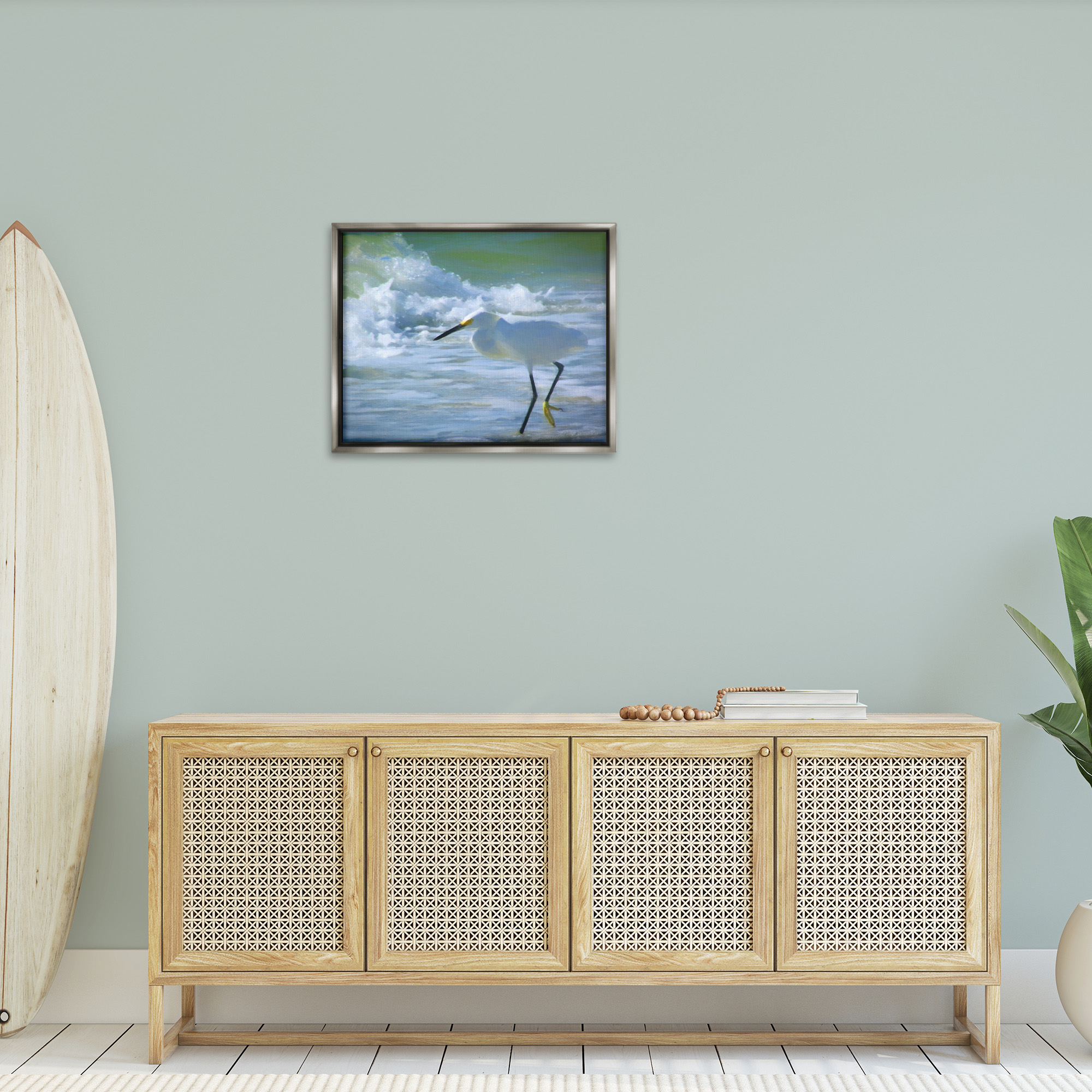 Stupell Industries Egret in Splashing Waves Landscape Painting Gray Floater Framed Canvas Art Print Wall Art, 31 x 25