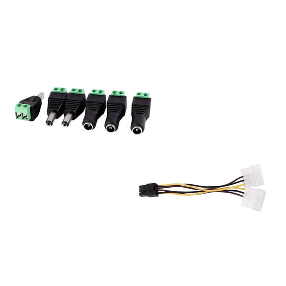 6Pcs 5.5X2.1Mm Female   Male CCTV DC Power Connector Adapter Repar Part & 1Pcs Dual 4-Pin Molex Ide To 6 Pin PCI-E Graphic Card Power Connector Cable Adapter