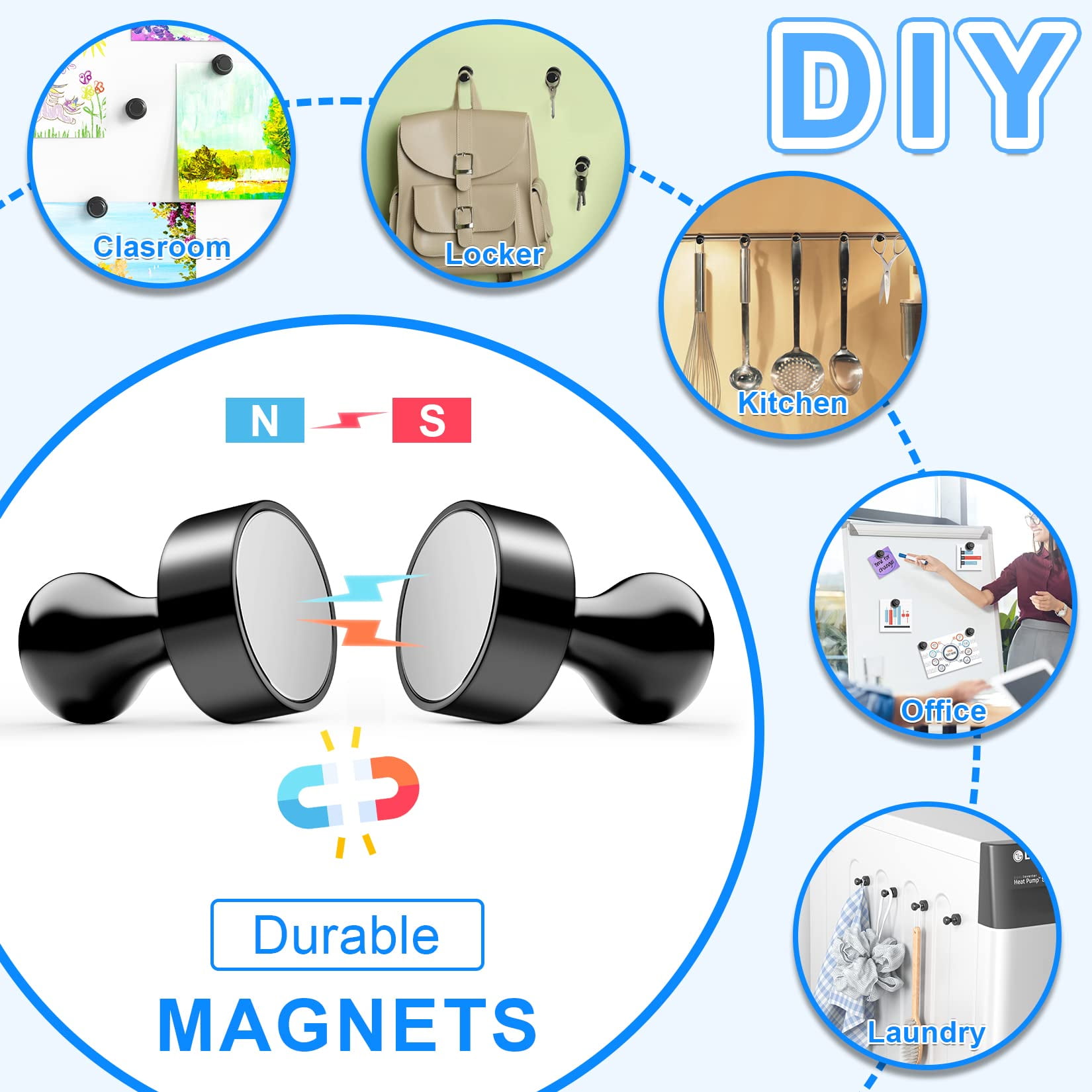 30Pcs Black Fridge Magnets, Small and Strong Magnets for Whiteboard, Office, Classroom, Map, Kitchen Accessories, Office Accessories, Locker Accessories