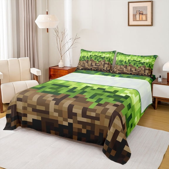 Castle Fairy Pixelated Blocks Miners Full Size Sheets,Plaid Video Game Bed Sheets