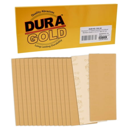 

Dura-Gold Premium Sandpaper - 150 Grit - 1/2 Sheet Size Wood Workers Gold 4-1/2 x 11 with Hook & Loop Backing - Box of 16 Sheets - Hand Sand Block Sanding Use on Sander Tools - Woodworking Auto