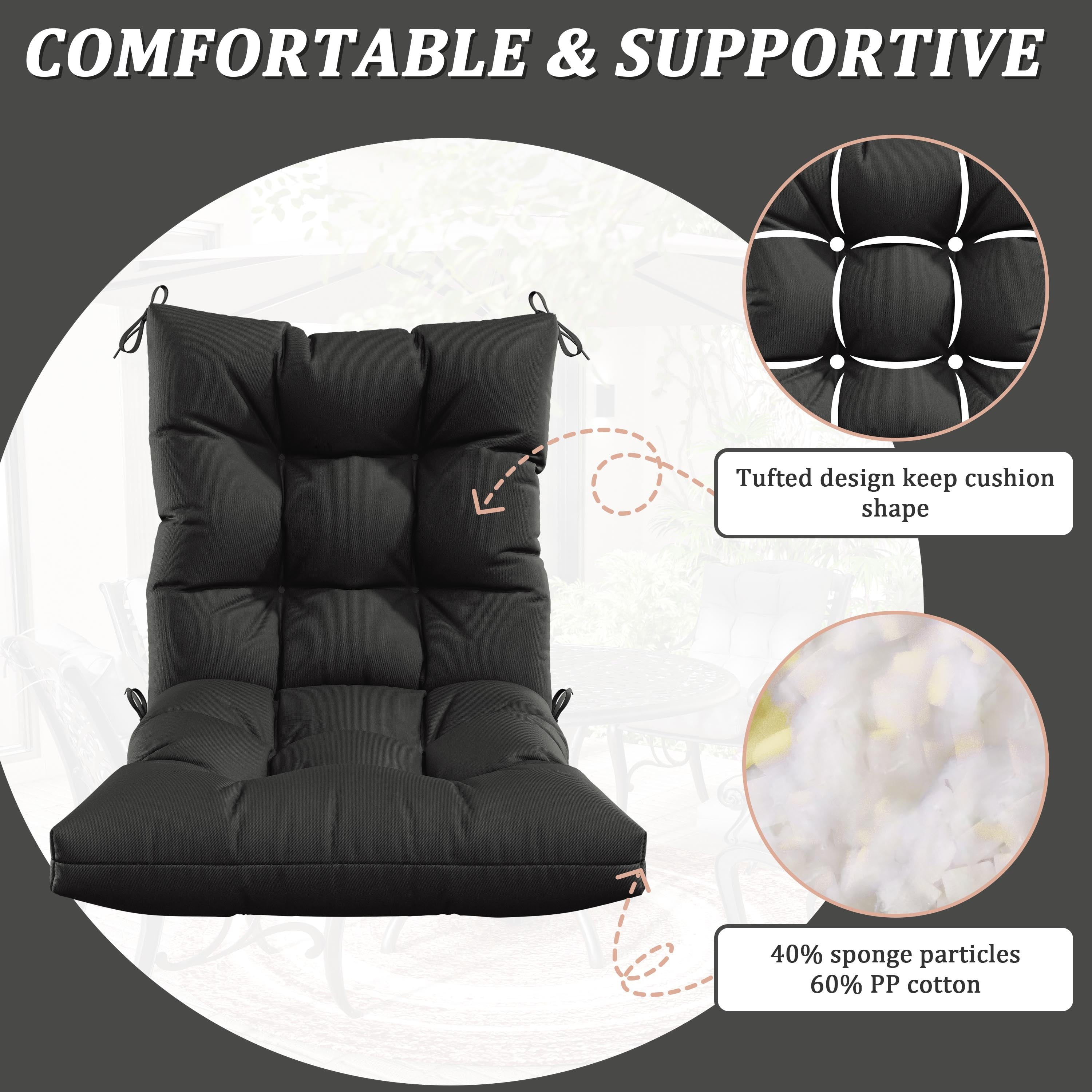 Pakunoda Chairs Cushions 42" X 21" Tufted Non Slip Pad Seat and Seatback 2 Set Cushion with Ties for Patio Outdoor & Indoor Rocking Chair, Black