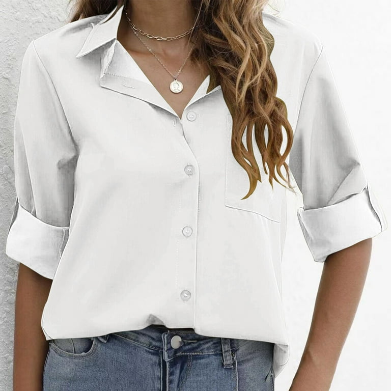 adviicd Womens Shirts Trendy Women's Dressy Button Down Shirts for Work  Office Business Casual Chiffon Blouse Tops White,L 