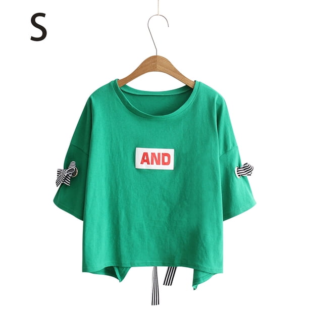 Camiseta casual de mujer con cuello redondo, media manga, blusa de algodón suelta para chica Jumpingount AP001743-01