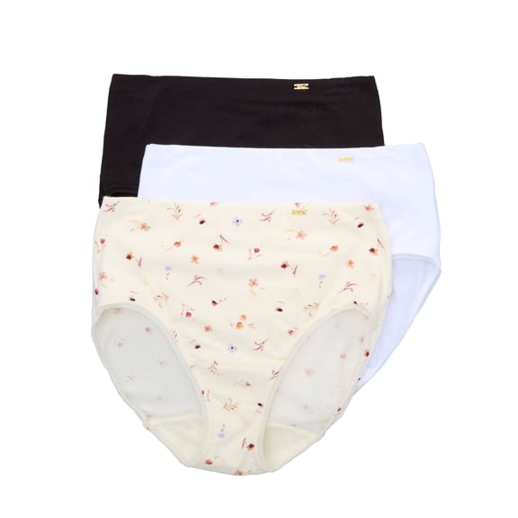Women's Bali DFLEB3 Cotton Collection Brief Panty - 3 Pack (Black/White/Poppy 5)