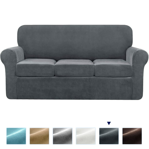 Subrtex 4 Piece Velvet High Stretch Sofa Cover Slipcover Separate Cushion Covers Gray Com Stretch Sofa Cover Slipcover, Gray Velvet Sofa Covers