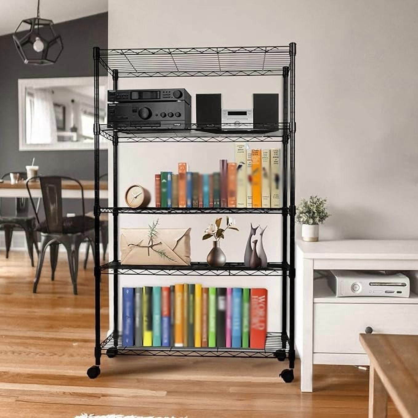 5-Tier Wire Storage Shelves, 30" D x 14" W x 63" H,1250 lb Load Capacity, Black,2-Pack