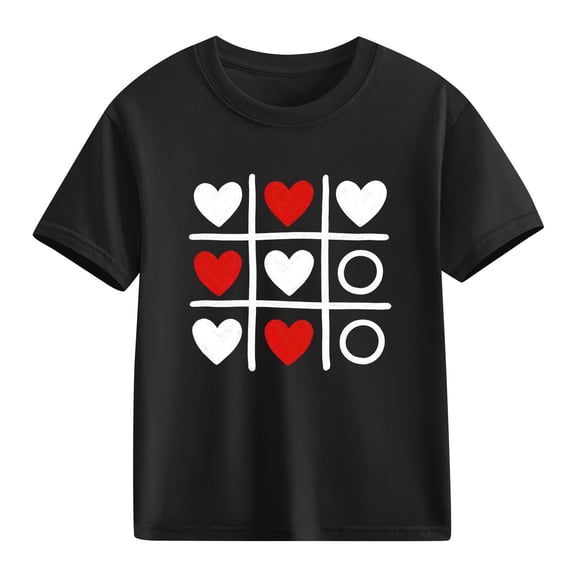 Kids Valentine's Day T-Shirt Heart Print Tic Tac Toe Short Sleeve Tee Cotton Casual Top for Girls Age 4-10,Size 7 T