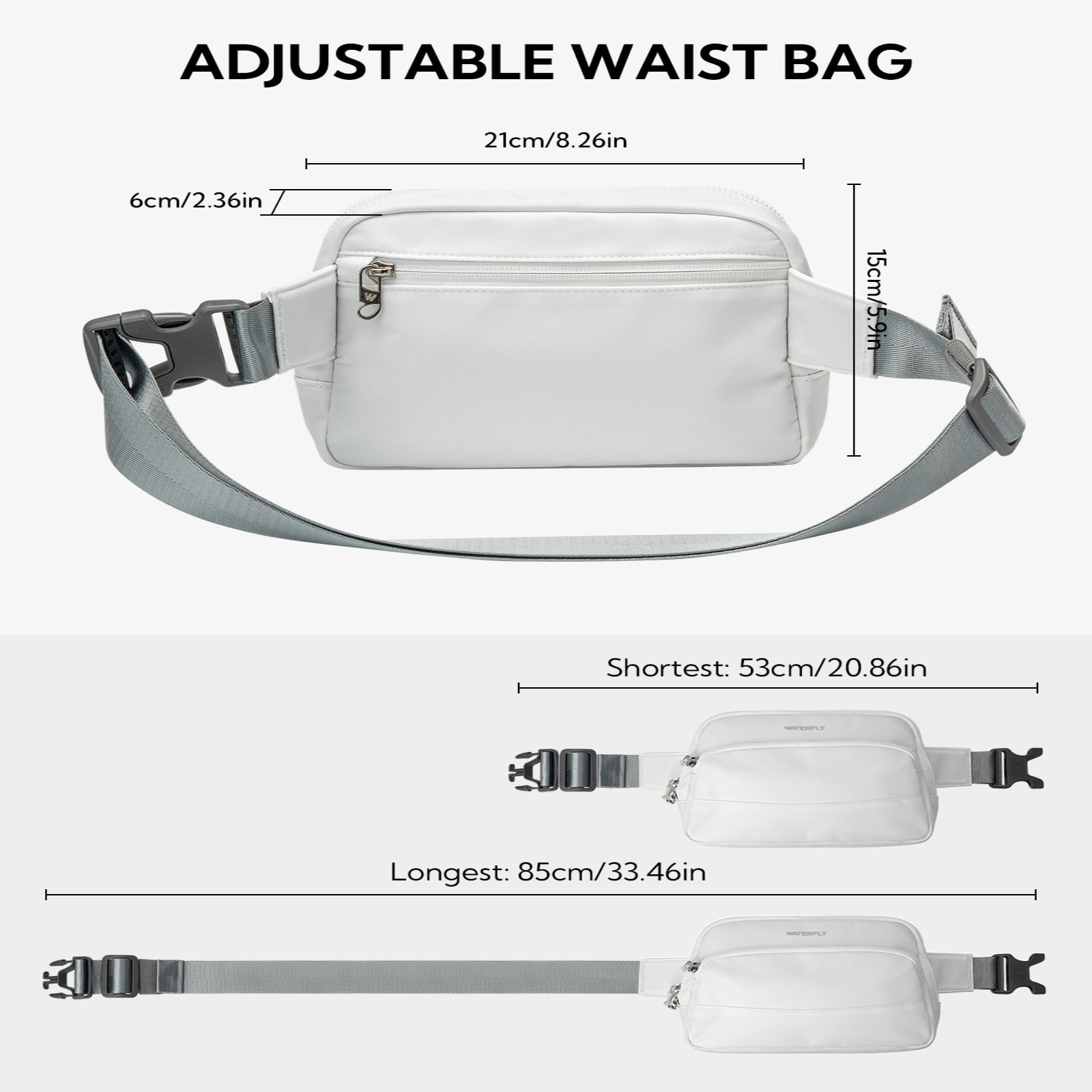 WATERFLY Unisex 2L Walking Hiking Travel Running Nylon Fanny Pack Waist Bag,White