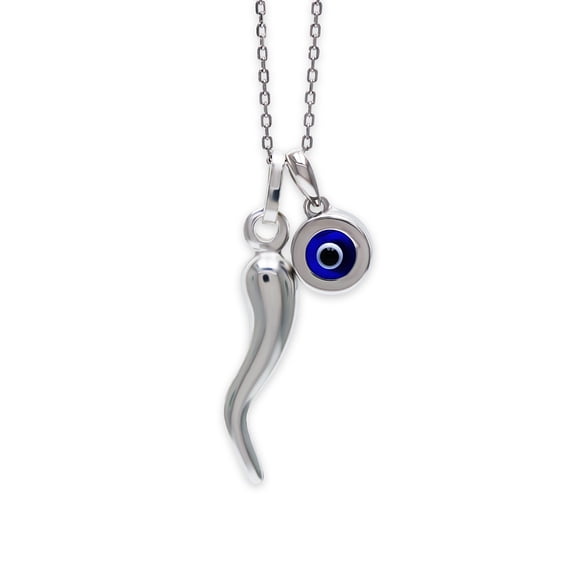 Silver Italian Horn with Evil Eye Necklace - 925 Sterling Silver - Cornicello Necklace - Evil Eye Jewelry