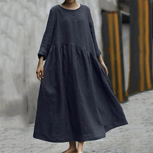 FcBaudy Longues Robe à Manches Col Rond Femme Printemps et Été Col Rond Uni Coton et Lin Robe Décontractée à Poches Manches Courtes Robe Femme