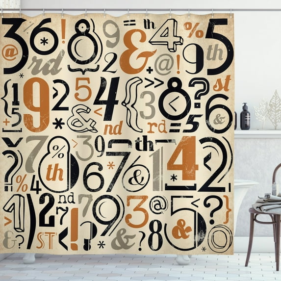 Number Shower Curtain, Various Vintage Numeral Mathematical Symbols Nostalgic Typography Art, Fabric Bathroom Set with Hooks, 69W X 84L Inches Extra Long, Dark Orange Beige Black, by Ambesonne