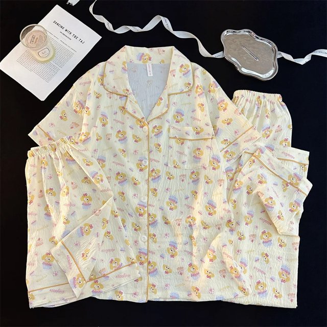 Ropa de dormir de algodón de nube para mujer, ropa de hogar de manga corta con cuello vuelto, conjunto de tres piezas, traje de regreso a casa dulce de verano