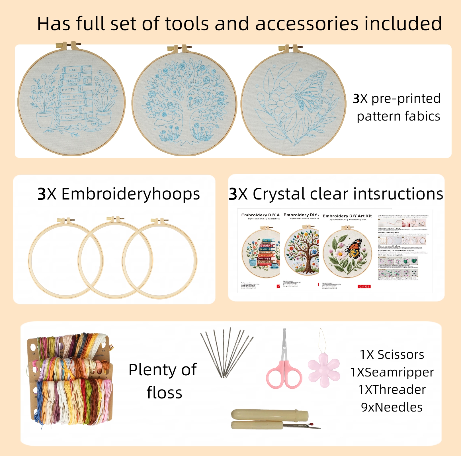 PLNYA Embroidery Kit for Beginners, 3-Pattern Hoop Set photo 3