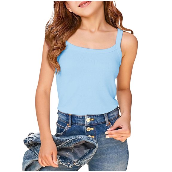Karoyedx Girls Dance Tops Kids Girls Classic Solid Camisole Undershirts for Girls Breathable Cotton Soft Tank Tops Summer Lightweight Cute Shirt Light Blue Size,11-12 Years