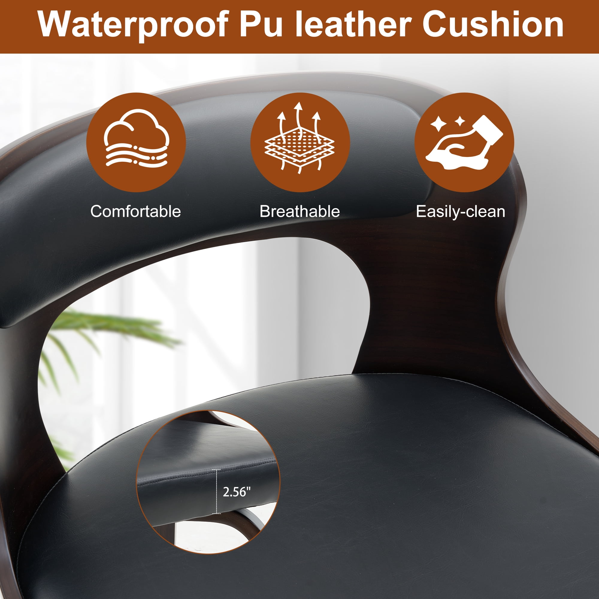 FANCROU 26 inch Swivel Counter Height Bar Stools Set Of 4, PU Leather Seat With Bentwood Back And Legs, Black