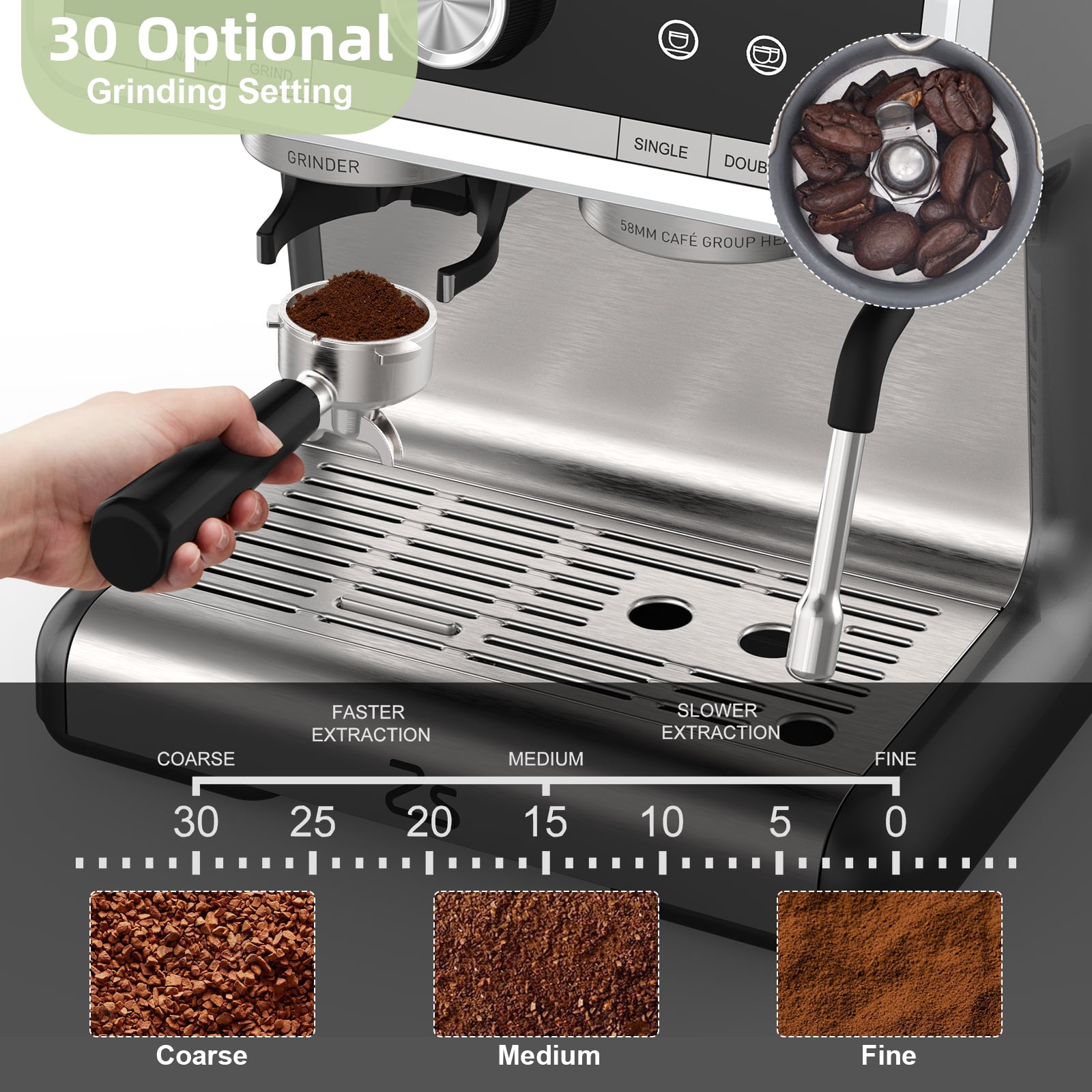 20 Bar Semi-Automatic Espresso Machine with Built-in Grinder & Milk Frother, 2.8L Removable Water Tank for Cappuccino, Latte, Home and Office Use
