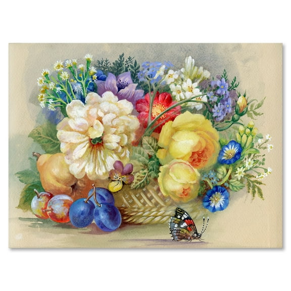 Vintage Still Life Of White and Yellow Flowers 8 in x 12 in Painting Canvas Art Print, by Designart