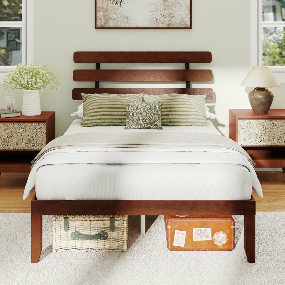 Barara King Full Size Bedroom Bed Frame with Retro Headboard, 15.5 Inch Solid Wood Bed Platform Frame for Apartment, Bedroom, Brown