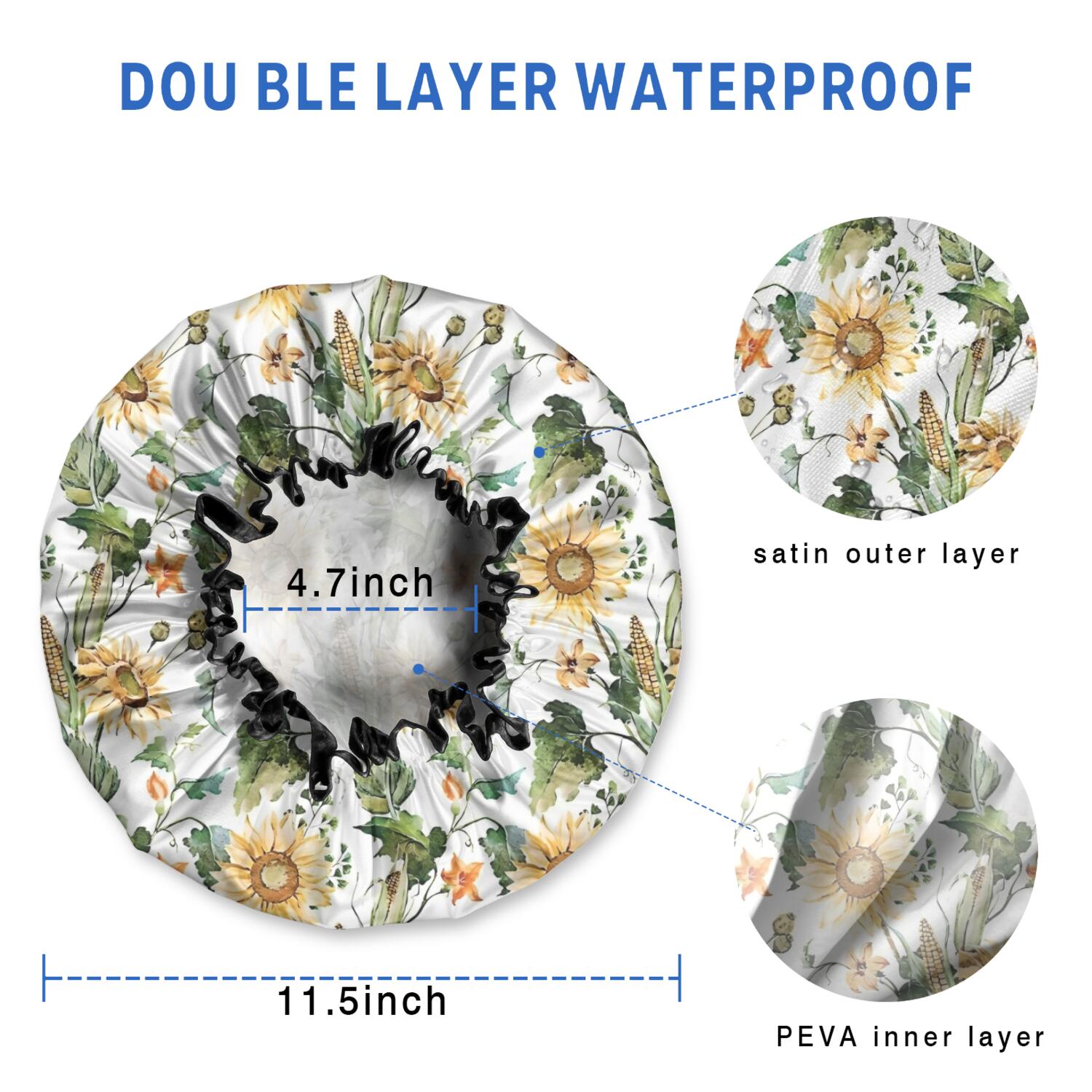Shower Caps,Leaf Orange Flower Corn Sunflower Pattern Waterproof Shower Cap for Women 4 Pieces,Double Reusable Hair Cover for Shower PEVA Elastic Stretch Hem
