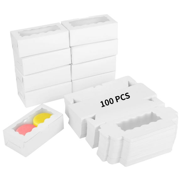 100 Pack White Macaron Boxes with Window - 4.1x2.2x1.4 inch Paper Cakesicle Container, Bakery Packaging Boxes for Cookies, Chocolates & Candy