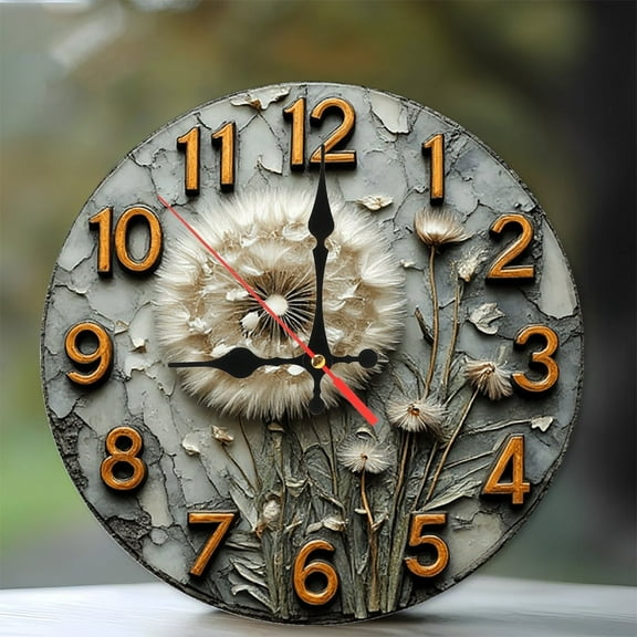 Dandelion Clock Wall Decor Rustic Farmhouse Style 10-Inch Silent Wooden Wall Clock, Battery Operated (AA Batteries Not Included), Artistic Home Decor