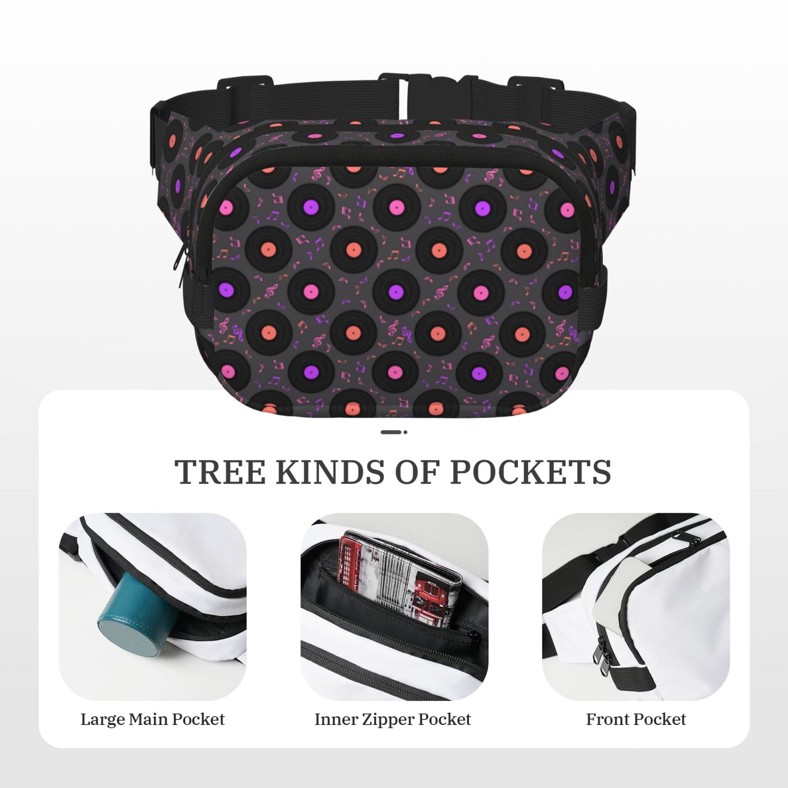 Picia Vinyl Records Musical Notes Print Square Double-Layer Waist Bag Mini Adjustable Waist Belt Bag Exercise Running Travel Hiking