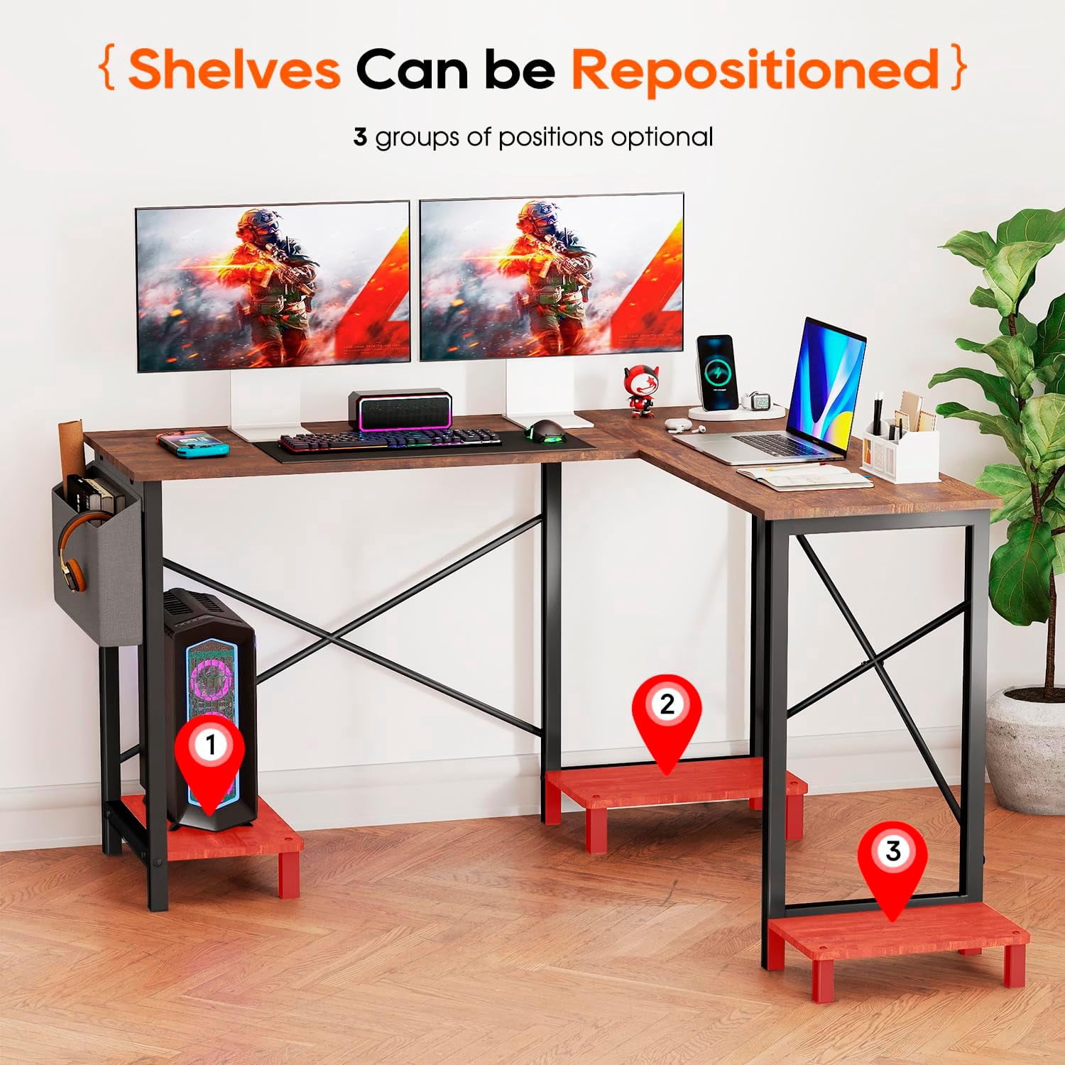 Dkelincs 50 inch L Shaped Home Office Desk with Side Storage Bag & CPU Stand, Corner Computer Desk for Study Writing & Gaming, Brown