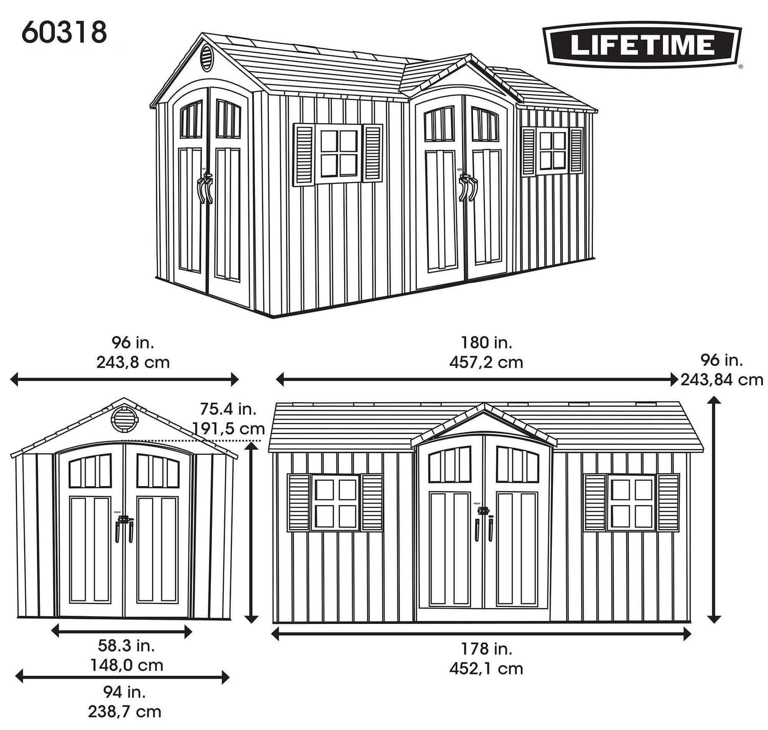 Lifetime Outdoor Storage Shed, 15 ft x 8 ft With Dual Side Entry, Dark Grey Roughcut