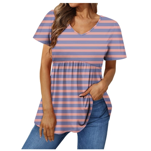 Jean Corto Pantalones Cortos con Cuello en V Gradiente Impreso Manga Corta Superior de Poliéster, Blusa de Moda Casual para el Uso Diario Y las Salidas