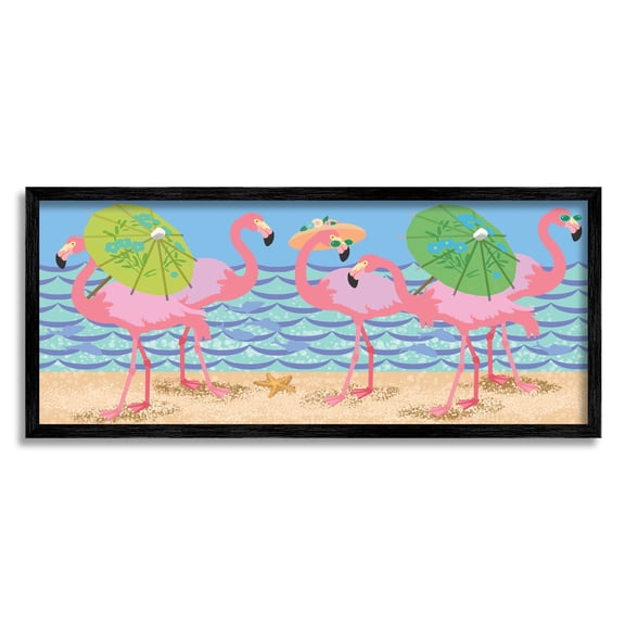 Stupell Industries Pink Flamingos with Floral Umbrellas Beach Waves, 13 x 30, Designed by Sally Springer Griffith