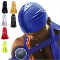 thumbnail image 4 of Men's Silk Durag Bonnet Bandana Silky Du Rag Doo Rag Long Tail Waves Cap Navy Blue, 4 of 6