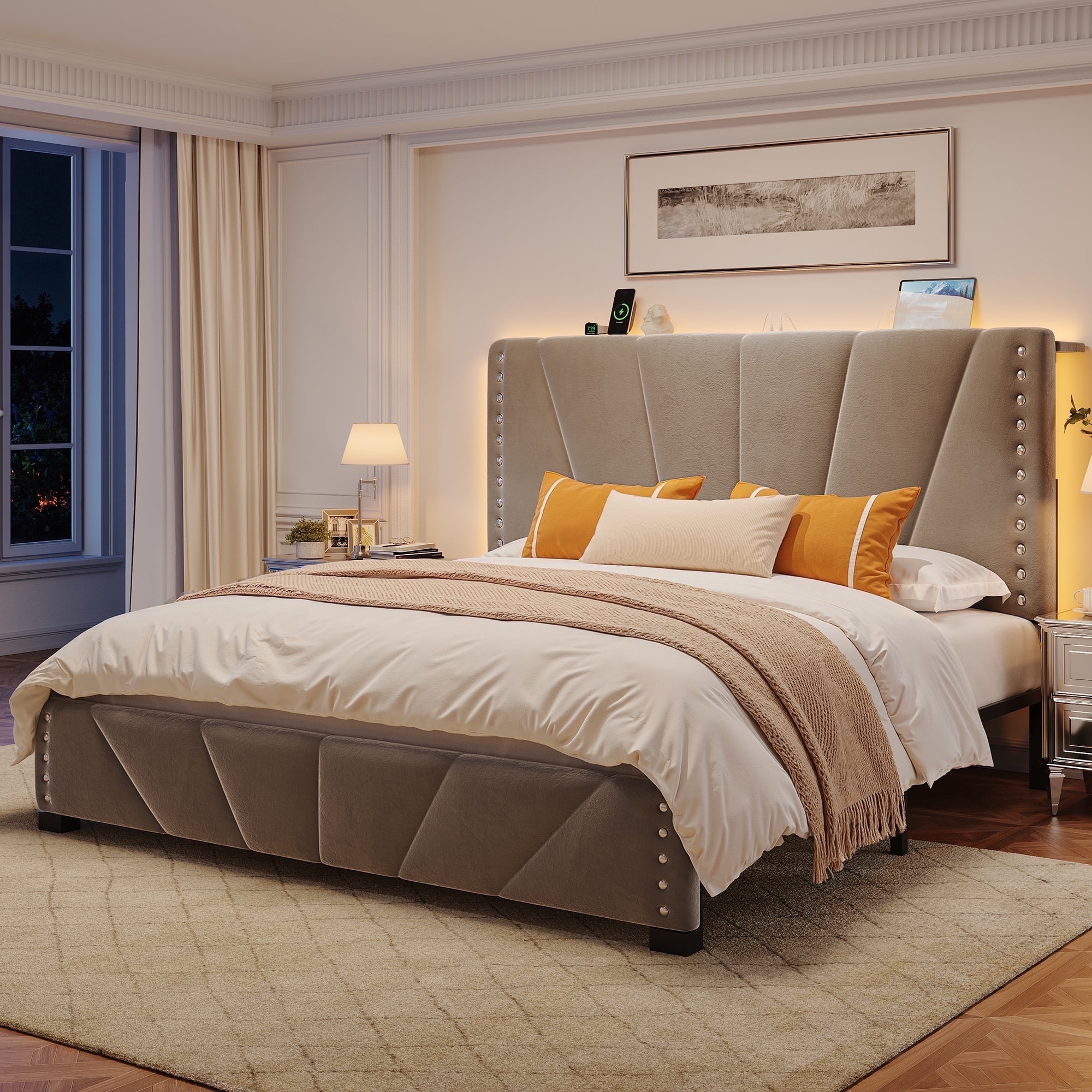Romorgniz Queen Size Bed Frame with Underbed Storage Upholstered Bed Frame with Adjustable Headboard & LED Light & Charge Station ,Gray