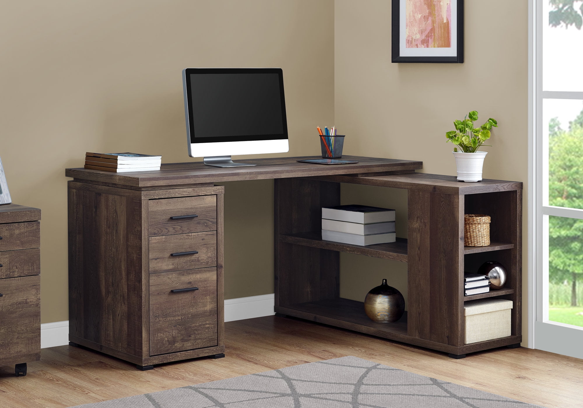 Computer Desk LShaped / Corner / 3 Drawers / 2 Open Shelves / 3