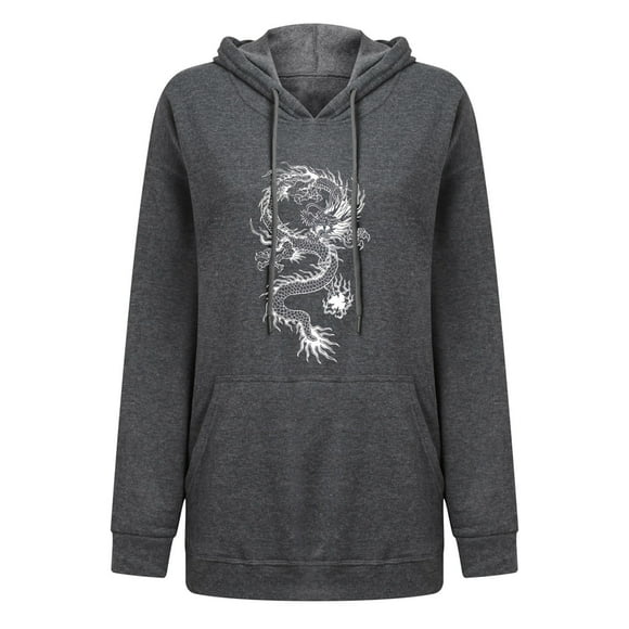 jsaierl Oversized Hoodies for Women Dragon Print Sweatshirt Top Long Sleeve Casual Pullover Hooded Sweatshirt with Kangaroo Pocket