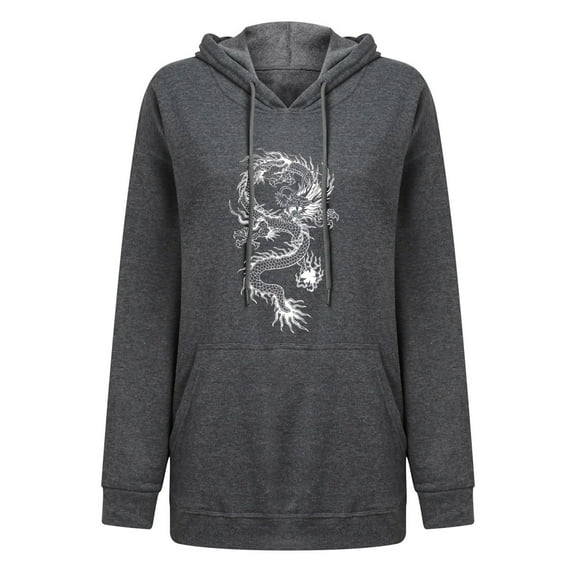 jsaierl Oversized Hoodies for Women Dragon Print Sweatshirt Top Long Sleeve Casual Pullover Hooded Sweatshirt with Kangaroo Pocket